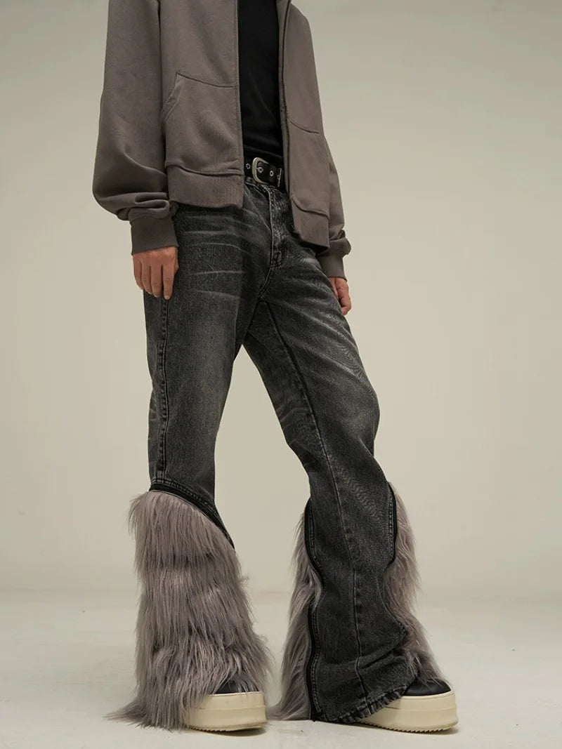 harajuku denim straight jeans men trousers high street zipper detachable fur bottom streetwear casual loose joggers jean pants streetwear sweatpants