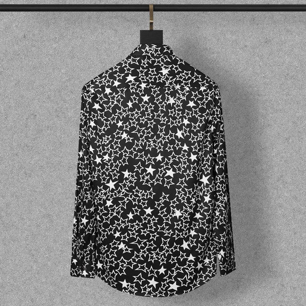 New 2022 Men 3D luxurious Classic Black White Star Print Fashion Silk Casual Shirts Shirt high Pocket Long-sleeves S 2XL #D276