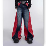 y2k retro washed splicing jeans for men new hip hop punk pu leather baggy jeans straight casual black denim trousers streetwear unique jeans style 676