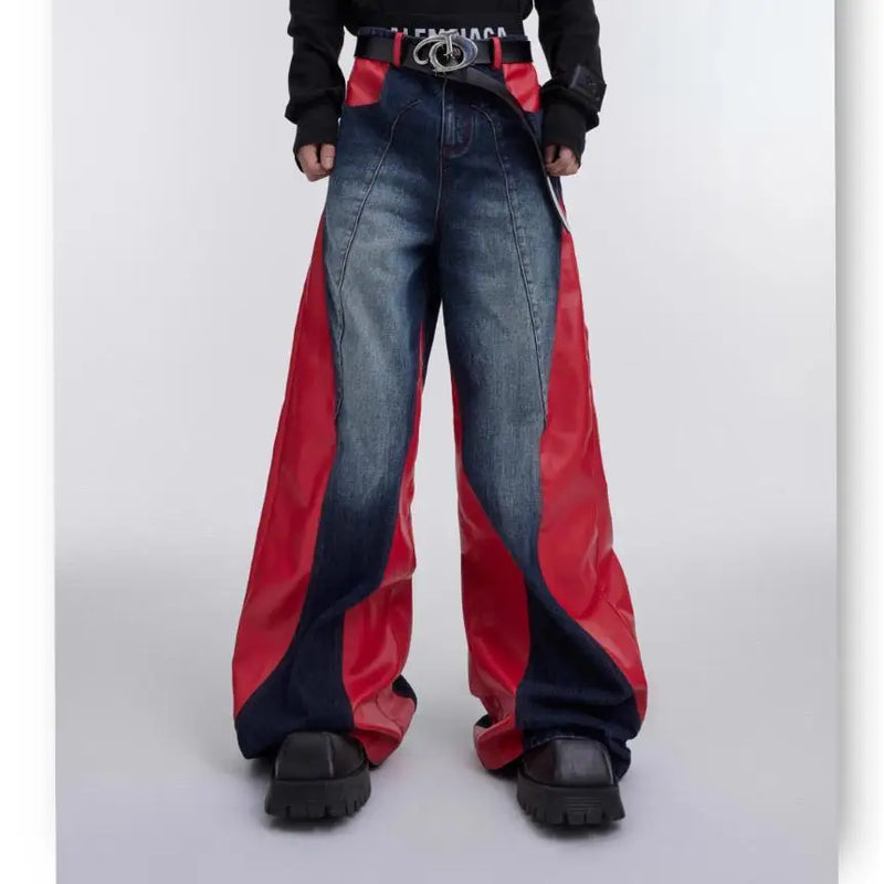 y2k retro washed splicing jeans for men new hip hop punk pu leather baggy jeans straight casual black denim trousers streetwear unique jeans style 676