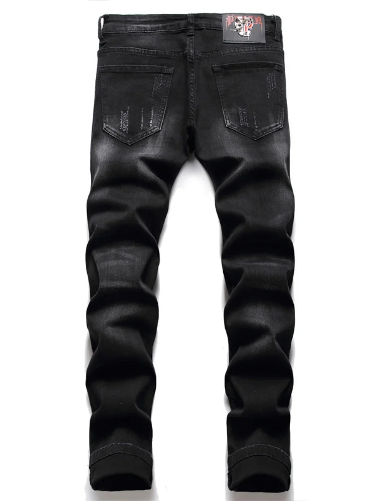 skull embroidery jeans ripped holes denim pants men zipper biker jeans streetwear slim fit y2k punk hip hop casual pants joggers casual joggers
