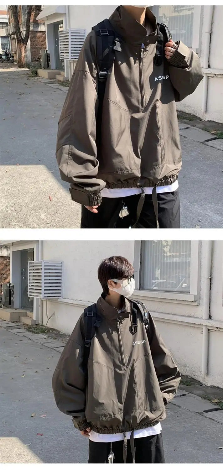 Mens Coat Spring And Autumn Stand Up Collar Half Zipper Oversize High