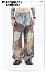2024 autumn and winter new stitching ripped jeans