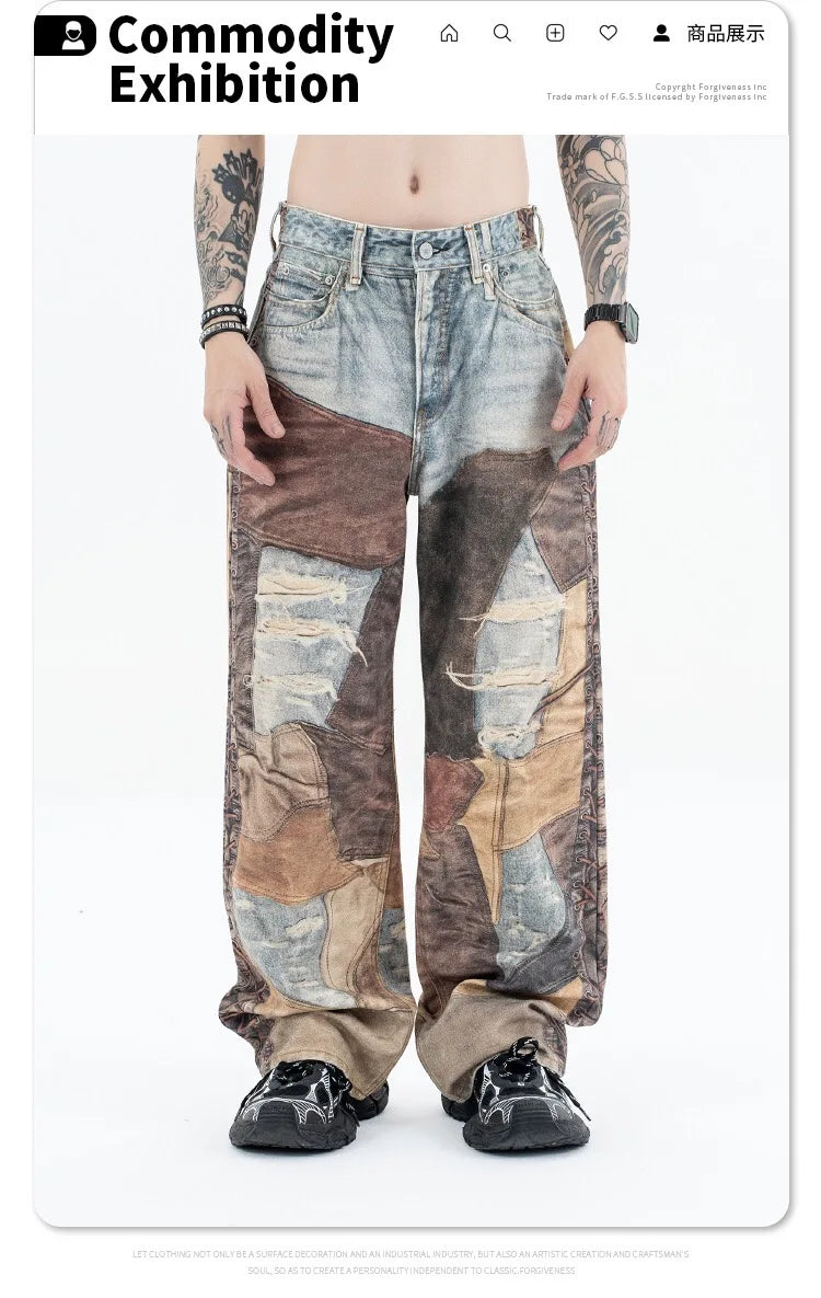 2024 autumn and winter new stitching ripped jeans