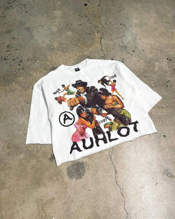 Harajuku Aesthetic piece – Harajuku Hip Hop Letter Print Y2K Top Round Neck Cotton Shor