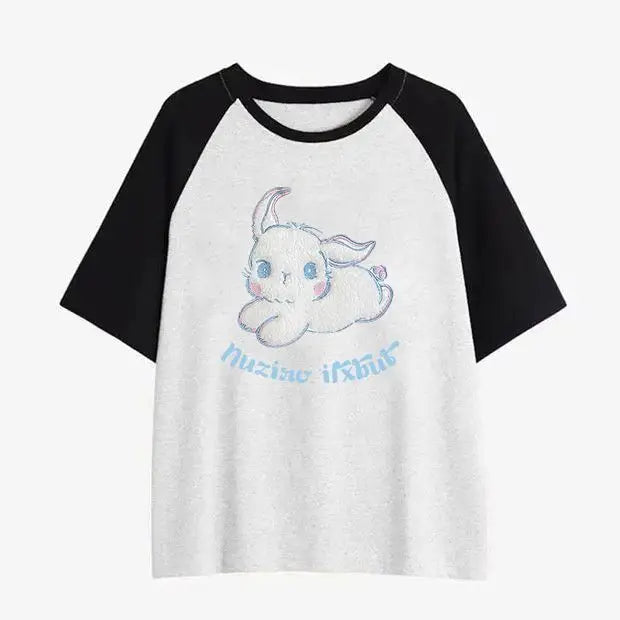 Skatercore Oversized shirt – American Flocking Cute Rabbit Pattern Short Sleeved T Shirt