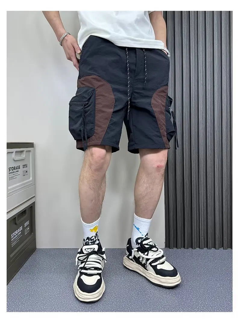 cargo shorts american fashion 2024 summer young men dark workwear casual half pants zipper big pocket beach shorts korean fashio combat utility trousers