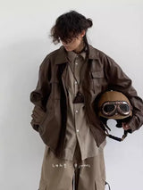 Retro Motorcycle Leather Jacket Men Woman Japanese Loose Streetwear Bomber Jackets Spring Autumn Casual PU Cargo Outwear Unisex