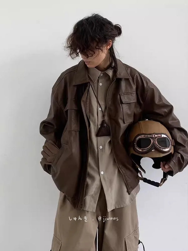 Retro Motorcycle Leather Jacket Men Woman Japanese Loose Streetwear Bomber Jackets Spring Autumn Casual PU Cargo Outwear Unisex