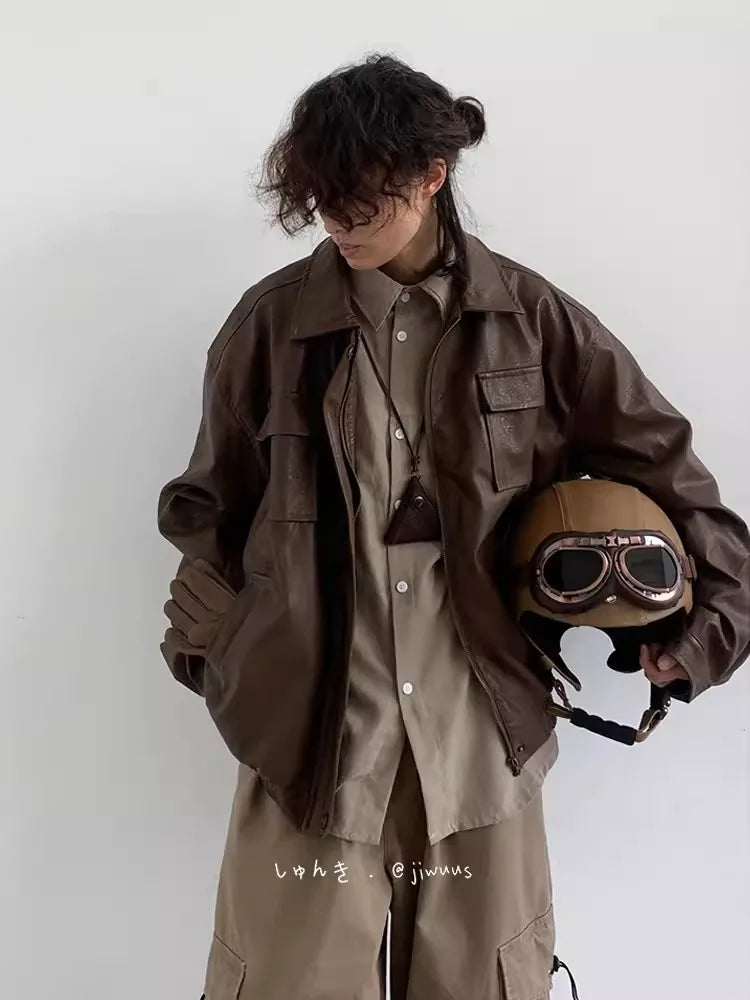 Retro Motorcycle Leather Jacket Men Woman Japanese Loose Streetwear Bomber Jackets Spring Autumn Casual PU Cargo Outwear Unisex