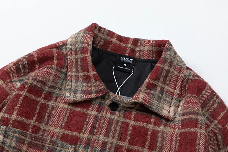 Autumn and Winter New Lattice Embroidery Woolen Jacket Shirt Japanese Retro Plaid Casual Loose Long Sleeved Jackets Coats
