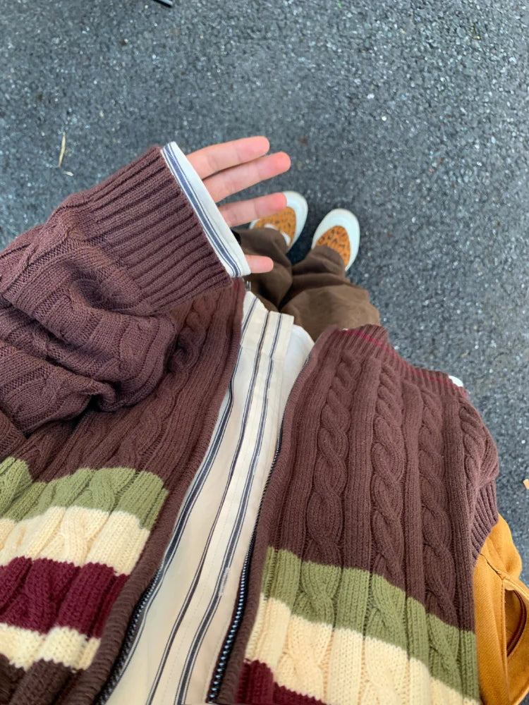 grunge knit sweater with heavyweight fabric, layered urban look for cold weather, street fashion menswear trend for seasonal 