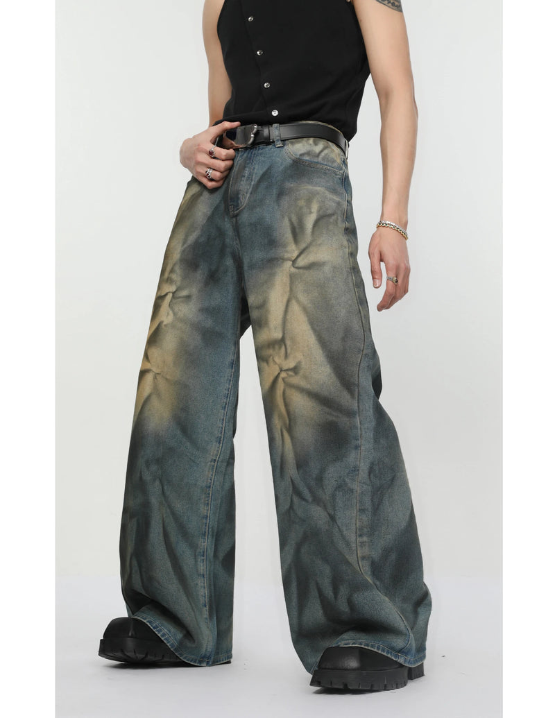 2 pieces sets mens fashion dirty graffiti wide shouder denim jeans jacket coat and wide legs pants joggers new streetwear sets unique joggers style 4584