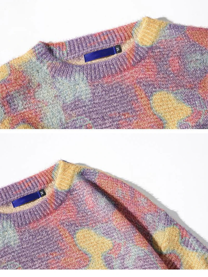 rainbowtouches men sweater high street printing graffiti purple pullover vintage round neck knitted sweater spring and autumn - gothic aesthetic hoodie for winter, 2025 streetwear drop, trendy hip hop fashion hoodie