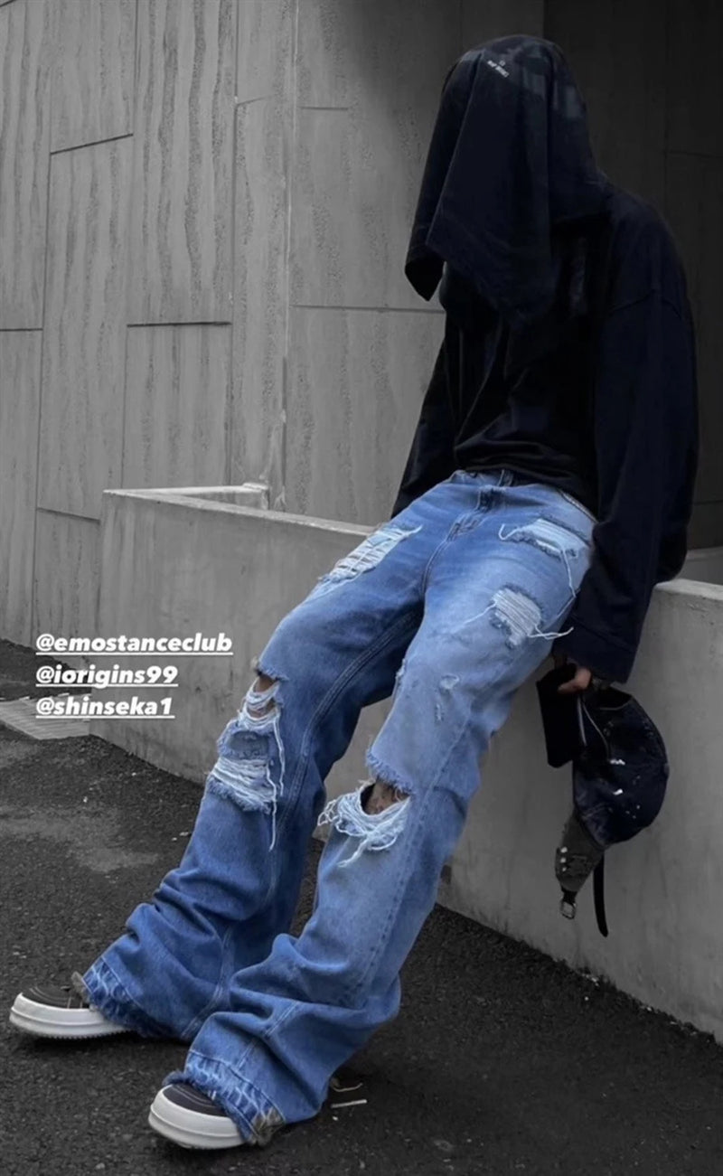 mens fashion ripped jeans blue distressed flared denim pants baggy jeans trousers male luxury designer jeans unique jeans style 5725