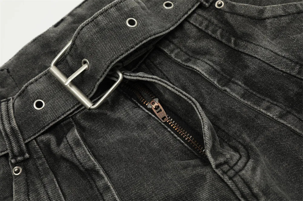 american high street vibe fashion splice jeans mens belt loose casual vintage wide leg straight denim baggy jeans pants trouser unique jeans style 1452
