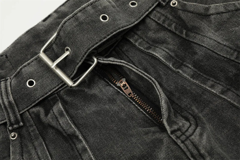 american high street vibe fashion splice jeans mens belt loose casual vintage wide leg straight denim baggy jeans pants trouser unique jeans style 1452