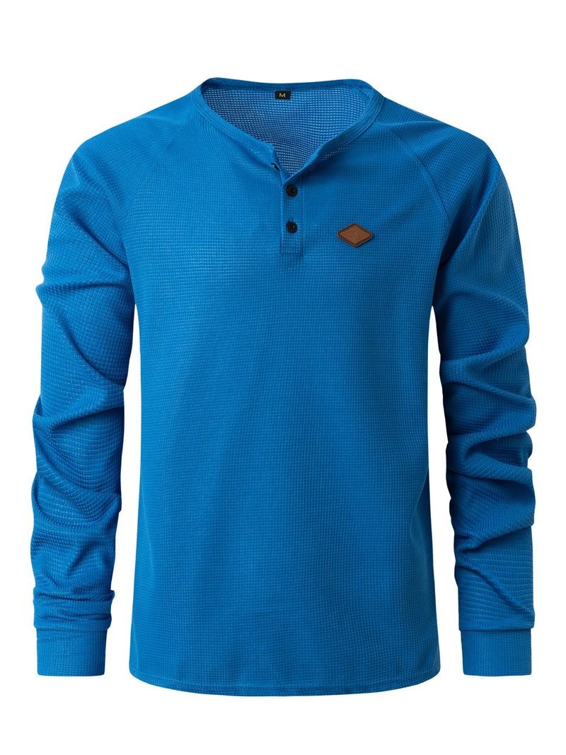 2024 New vintage Waffle Men's Henry shirt with button-down crew-neck and long sleeves
