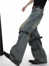 mens knee patchwork belts denim jeans unisex hip hop fashion streetwear harajuku loose flare straight y2k jean pants joggers streetwear sweatpants