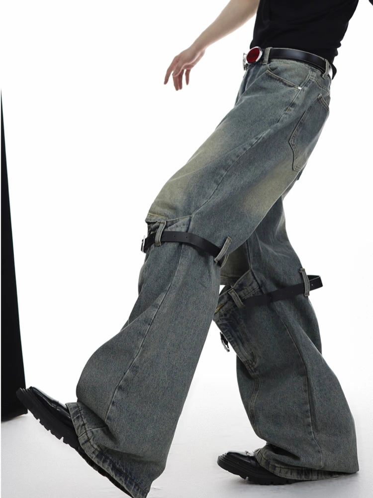 mens knee patchwork belts denim jeans unisex hip hop fashion streetwear harajuku loose flare straight y2k jean pants joggers streetwear sweatpants