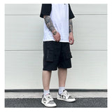 Retro Fashion Vibe Summer Cargo Shorts Functional Pockets Press Glue Zipper Straight Shorts Baggy Casual Split Knee-length
