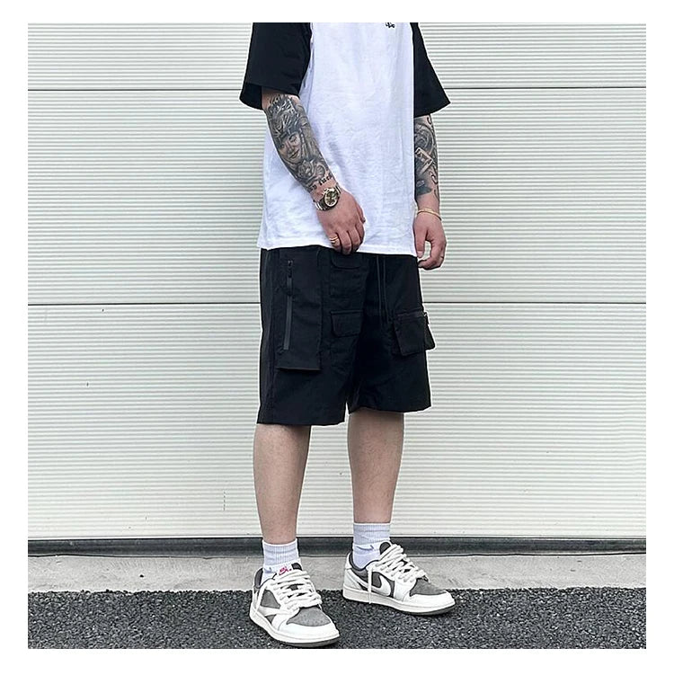 Retro Fashion Vibe Summer Cargo Shorts Functional Pockets Press Glue Zipper Straight Shorts Baggy Casual Split Knee-length