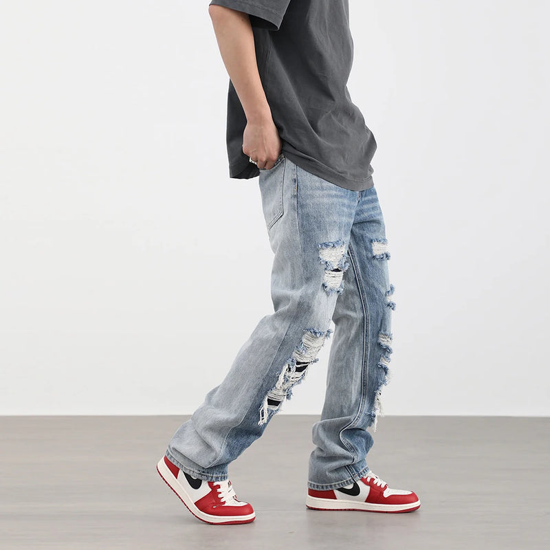 street wear washed hole destroyed skinny jeans denim hip hop blue cylinder male casual slim jeans pants ripped denim trousers denim street jeans