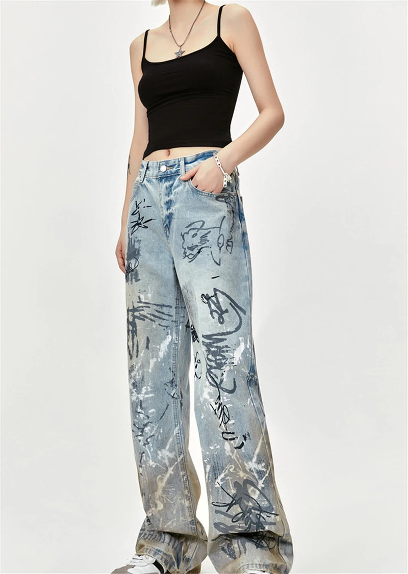 men baggy jeans graffiti printed loose straight denim pants luxury designer jeans male streetwear hip hop jeans trousers y2k unique jeans style 4530
