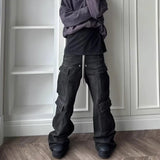 ro style ribbons wide leg multi pockets smoke grey baggy jeans for men straight pantalones hombre drawstring denim trousers unique jeans style 1195