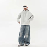 American Hoodie Mens Detachable Hat Grid Pattern Color Block Loose Fak