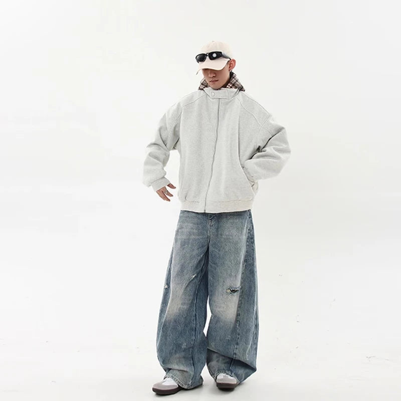 American Hoodie Mens Detachable Hat Grid Pattern Color Block Loose Fak