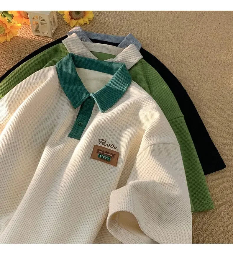 Hip Hop American Street Men and Women Trendy Personality Polo Shirt Short sleeved Summer Waffle Vintage Casual
