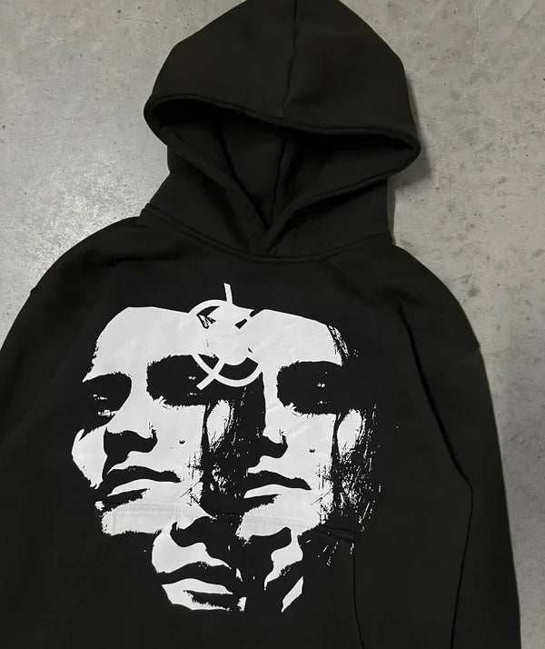 American Trendy Gothic Portrait Letter Print Oversized Hoodie Mens Y2K