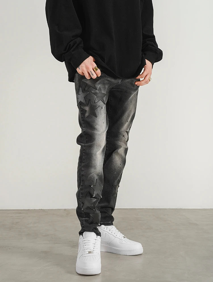 star appliques denim jeans skinny trousers slim fit men new casual biker jeans fashion streetwear hip hop trousers pants joggers unique joggers style 3557