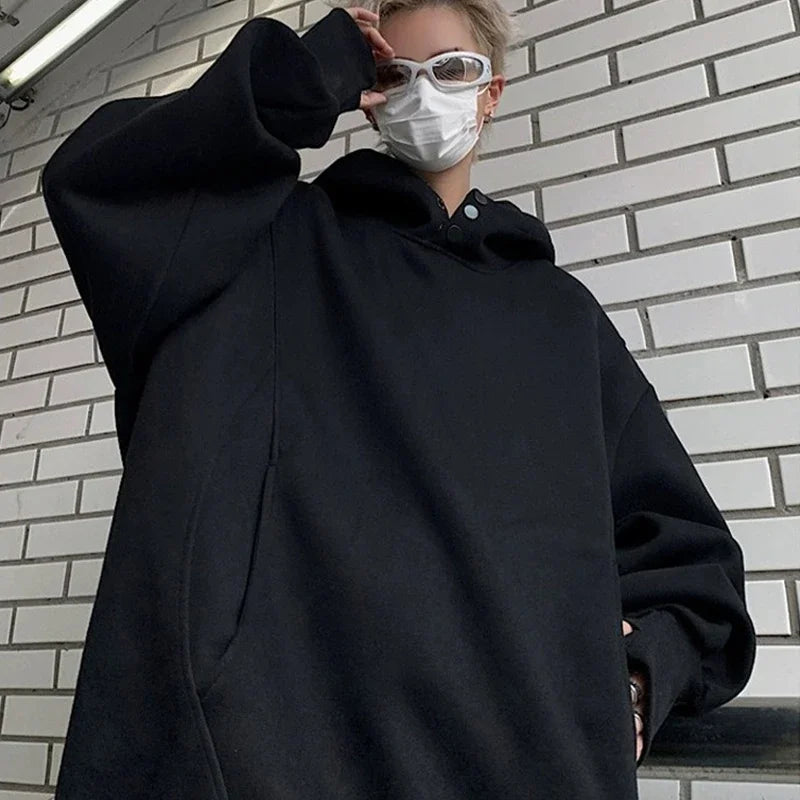 New Retro Button Neck Hooded Sweatshirts For Men Autumn Fleece Y2K Vintage Hoodies Hip Hop Fashion Streetwear Pullover Hoodie