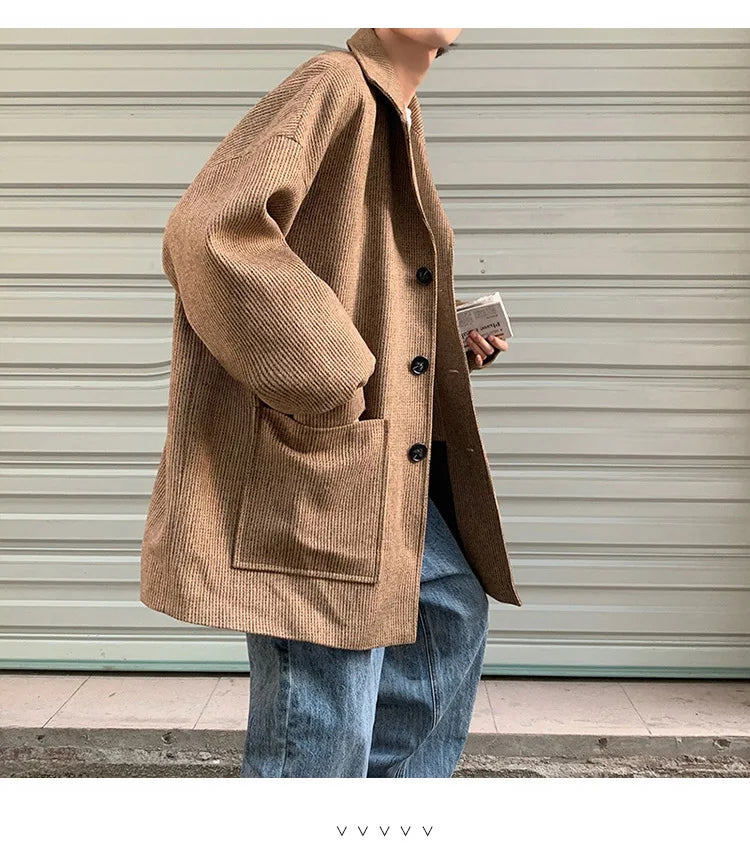 Men Trench Coat Men Mid-length 2023 New Autumn and Winter Corduroy Coat Coat Wool Design Korean Style Men Winter Coat