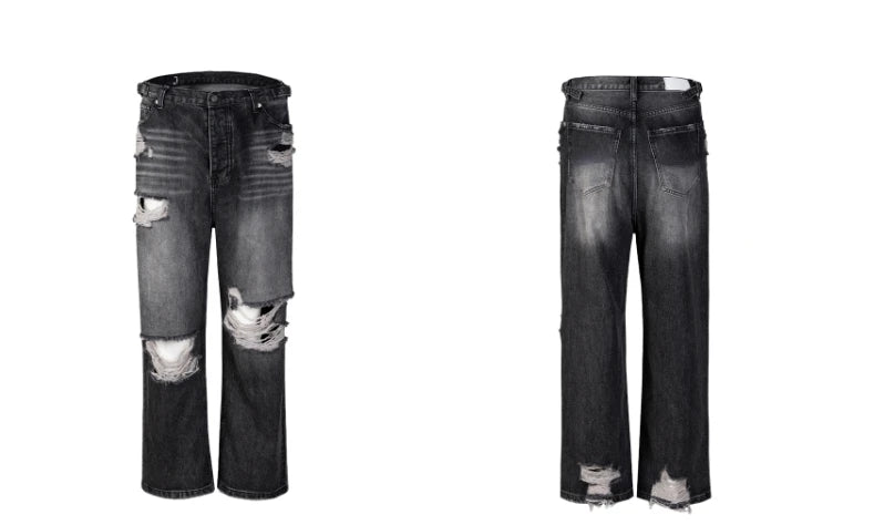 knee destroy big holes high street pants mens casual harajuku zipper straight trousers hip hop fashion streetwear baggy joggers unique joggers style 2919