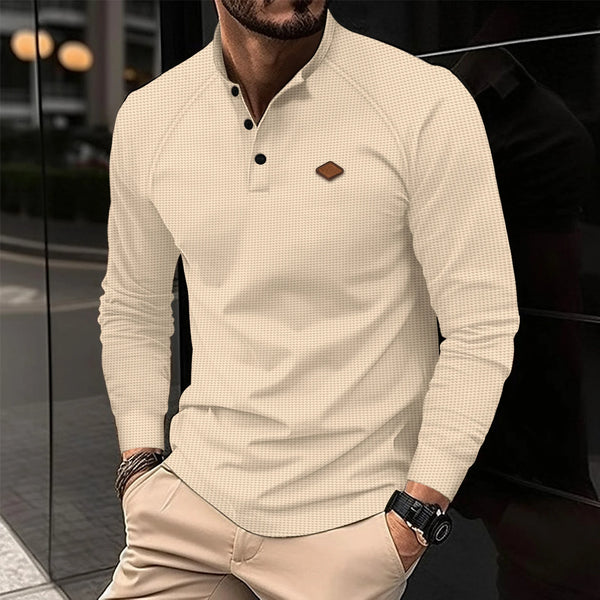2024 New vintage Waffle Men's Henry shirt with button-down crew-neck and long sleeves