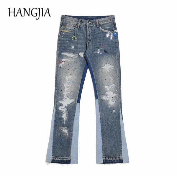 blue speckle ink washed destroyed flared jean pants hip hop graffiti ripped denim jeans for men streetwear vintage wide jeans ripped baggy denim