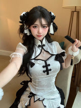 Vintage Chinese Style Cheongsam High Split Mini Dress 2024 Tie Dye Gothic Women Aesthetic Bandage Dresses Y2k Sexy Bodycon Robe