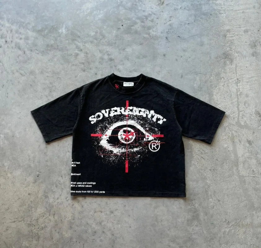 Sadcore Tribal flame – American Gothic Trend Big Eyes Cartoon Print Oversized T Shi