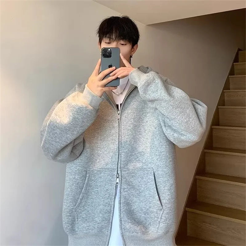 Retro Korean Street Pullover – Winter Mens Fleece Zipper Hooded Sweatshirts 2025 New Classic Solid Color Oversized Hoodies Y2K Streetwear Outerwear Tracksuit | Zip Knit Drop #227