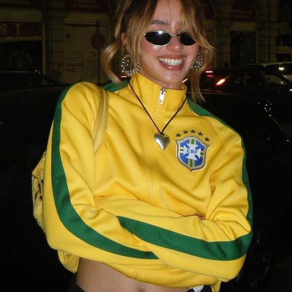 2000s Retro Grunge Gothic Jacket Coat Y2K Aesthetic Vintage Yellow Sweatshirts Letter Embroidery Graphic Pattern Zip Up Coat