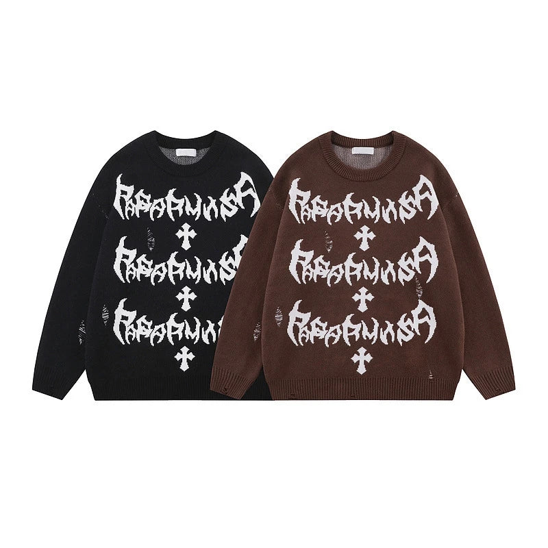 rainbowtouches men sweaters high street letter graffiti holes trendy pullover vintage loose knitted sweater spring and autumn - bold artwork streetwear hoodie, trendy hip hop fashion hoodie, graphic printed hoodie for men and women