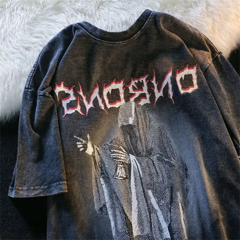 Trapwear Melting smiley – Trendy Brand Loose Washed Old American Retro Devil Print Sho