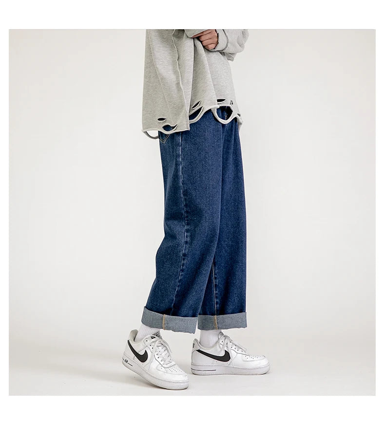 korean fashion mens baggy jeans classic all match solid color straight leg denim wide leg pants male light blue grey black unique jeans style 1145