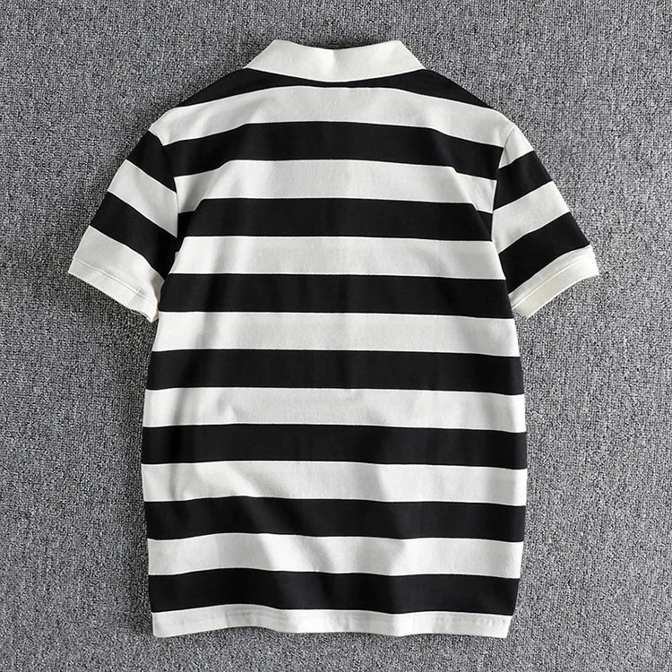 Trapwear Graphic tee – Summer Striped Polo T Shirt Mens New Retro Trend Washed Elas