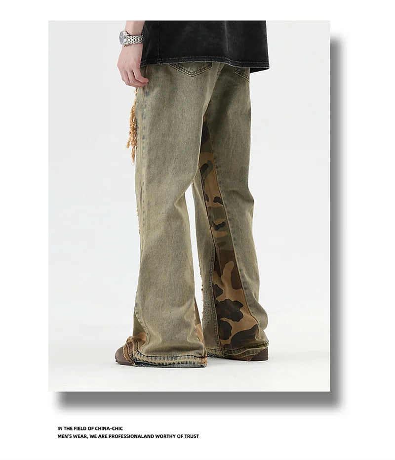hip hop camouflage ripped patchwork denim pants for men y2k vintage streetwear wide leg jean 2025 new distressed baggy jeans unique jeans style 326