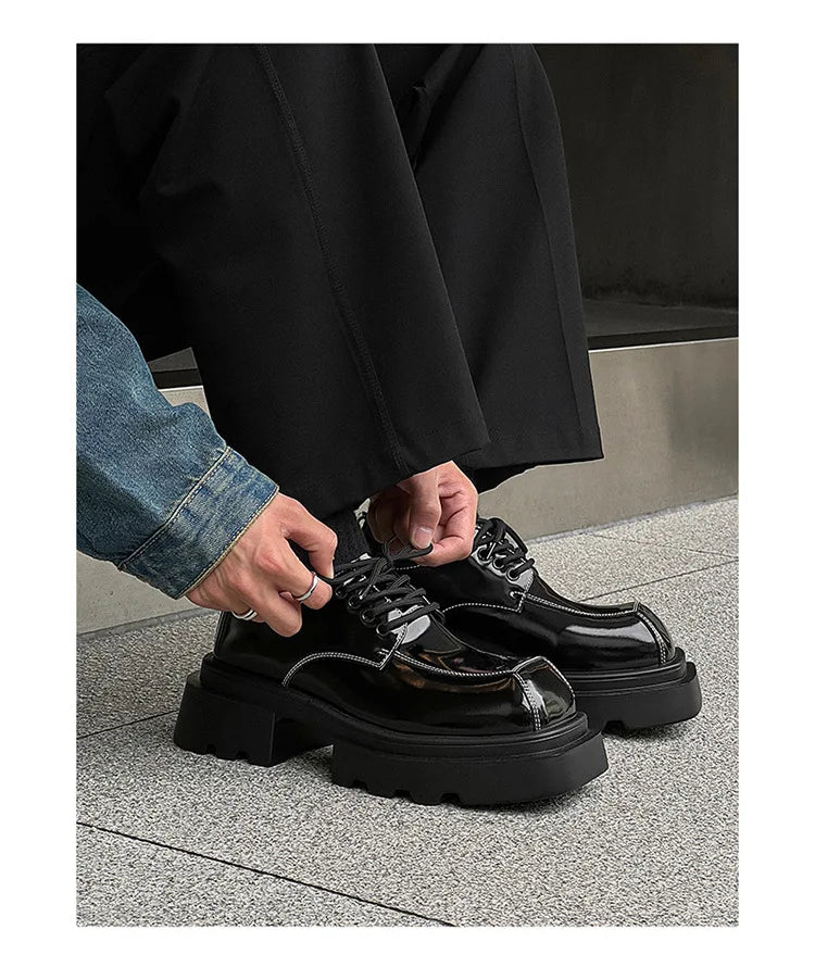 Men Streetwear Dark Black Fashion Thick Sole Platform PU Leather Casual Luxury High Street Increase Square Derby Shoes Man
