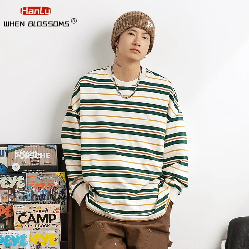 Vaporwave Oversized shirt – Embroidered Striped Contrast Round Neck Cotton Sweatshirts A
